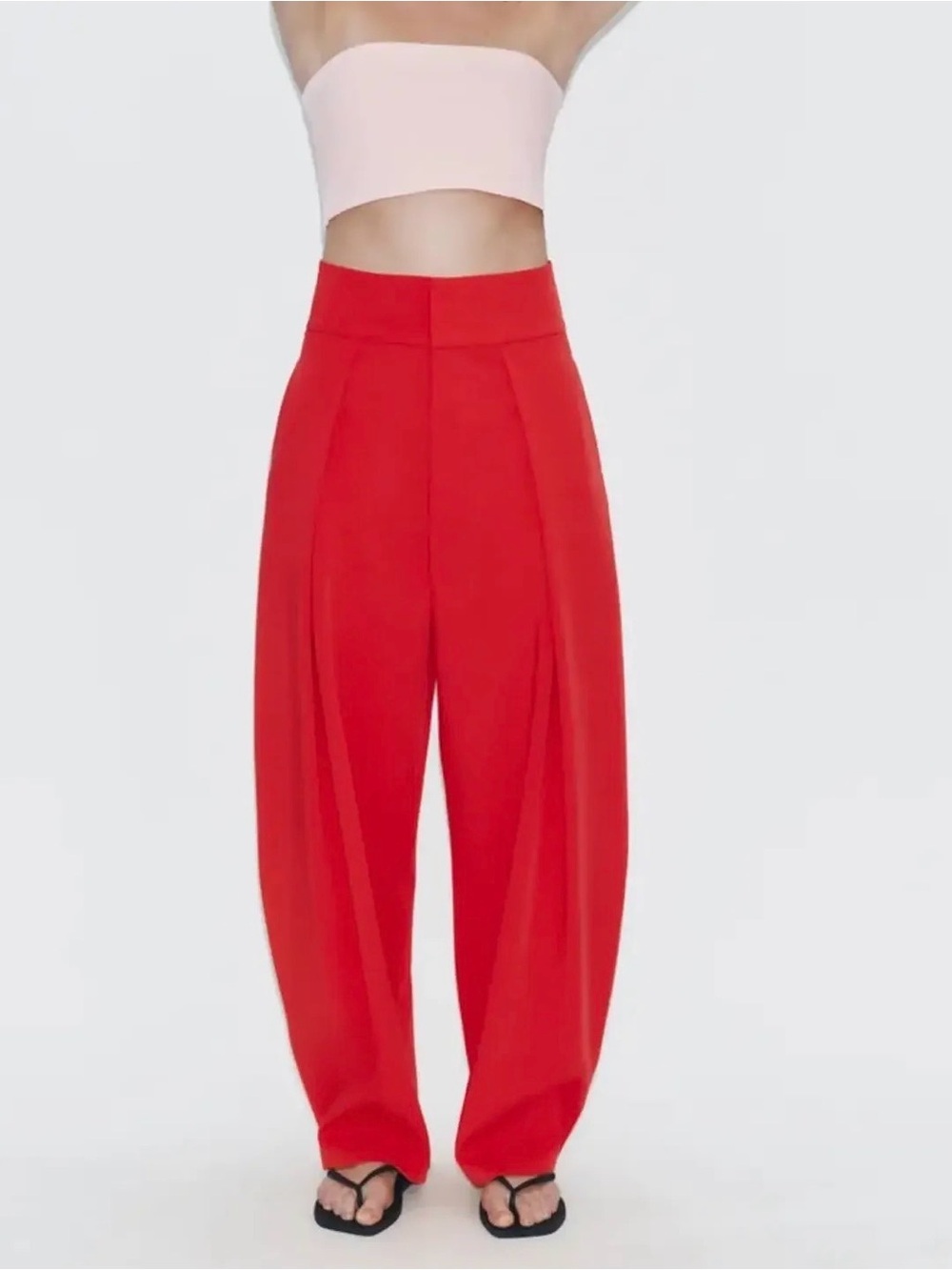 Zara Red High-Waist Red Pleated Ballon Trousers